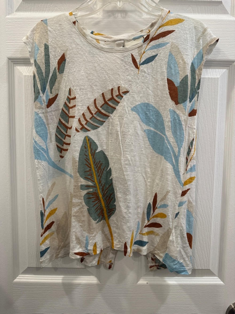 Cynthia Rowley M 100% Linen Tropical Leaf Print button back Short Sleeve Blouse